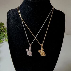 Mickey Mouse Head Pendant Gold / Silver with Crystals & Chain Necklace New
